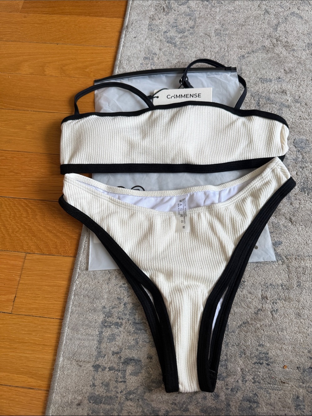 Brand New Commense Cream Ribbed Bikini with Black Trim: Size M
